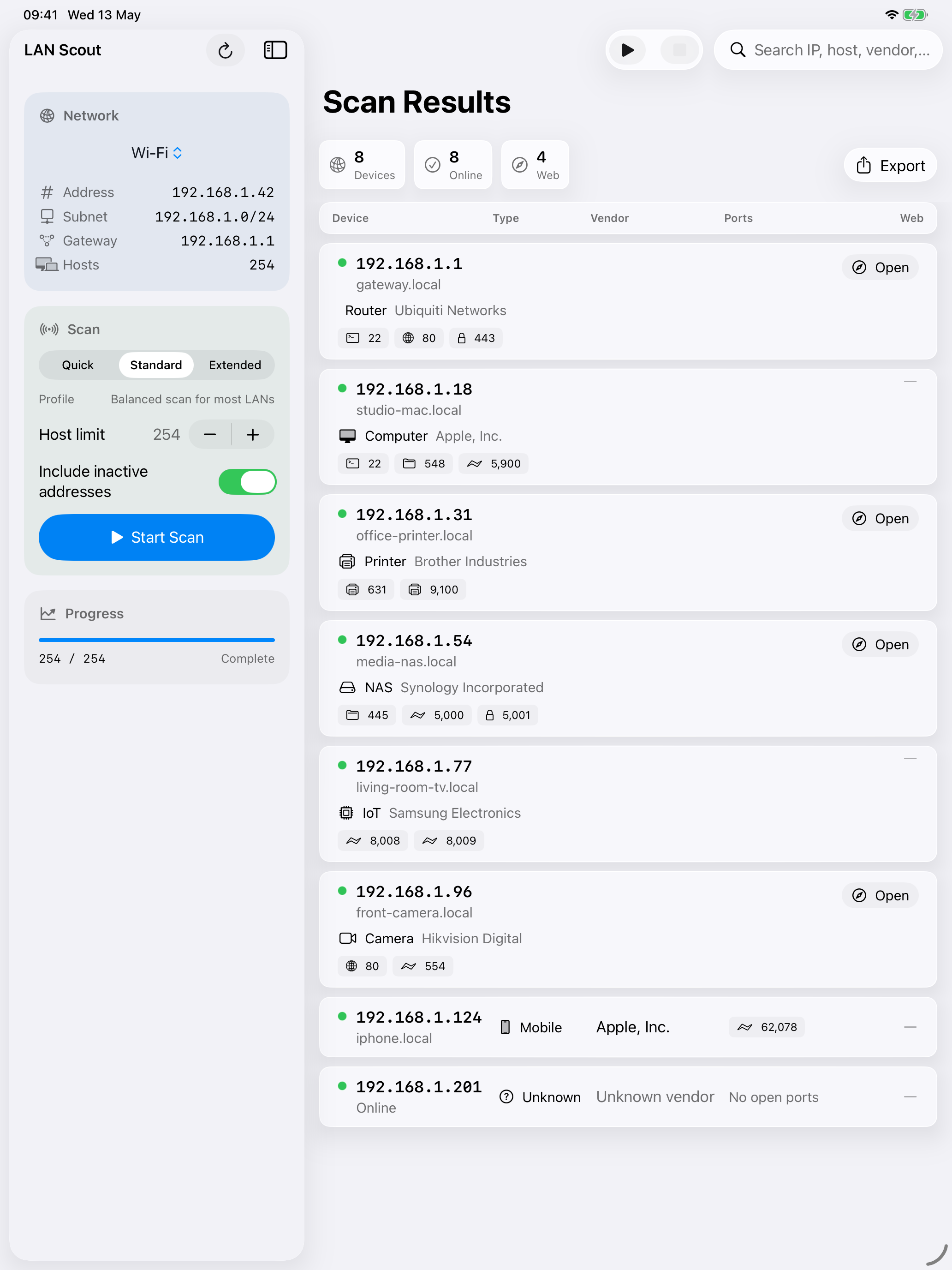 LAN Scout on iPad showing the scan dashboard and results
