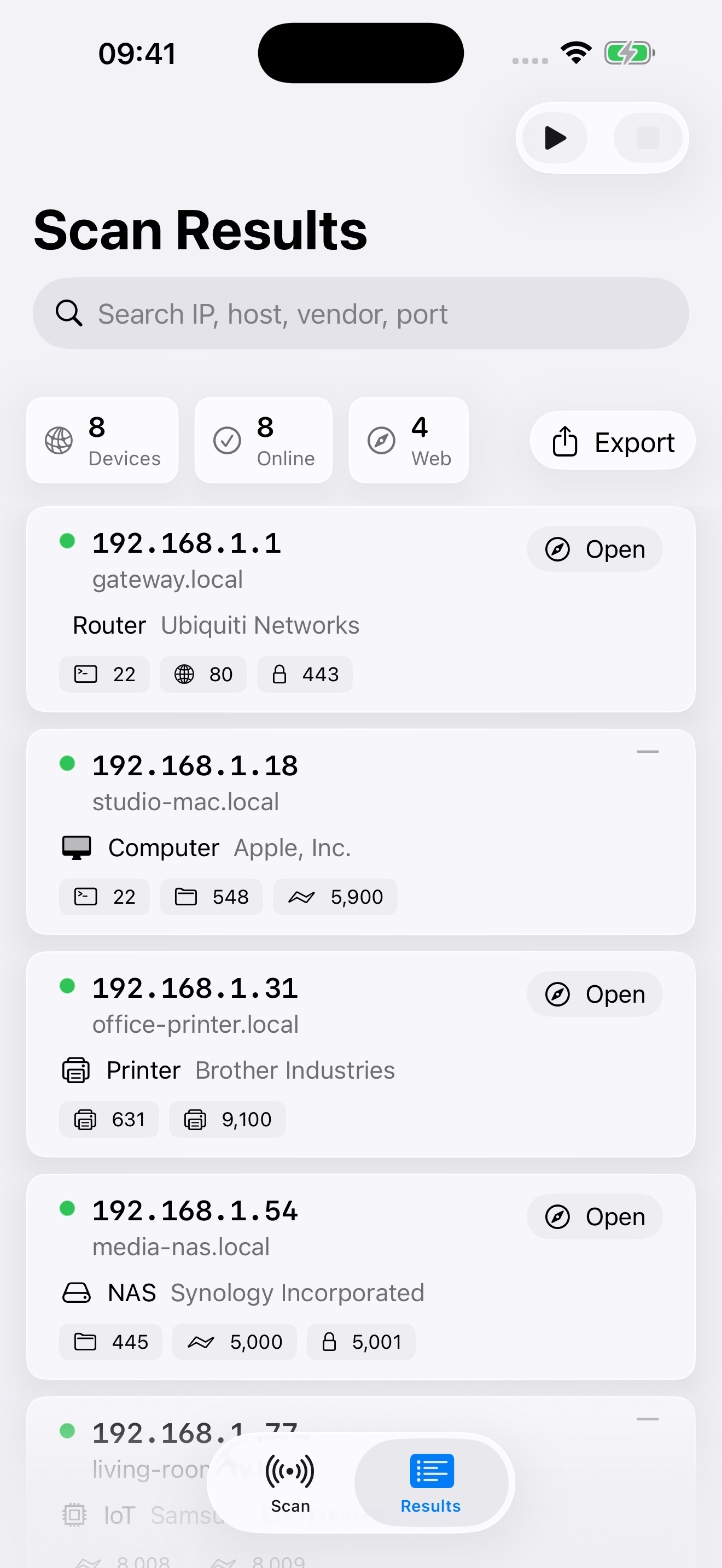LAN Scout results screen showing discovered network devices