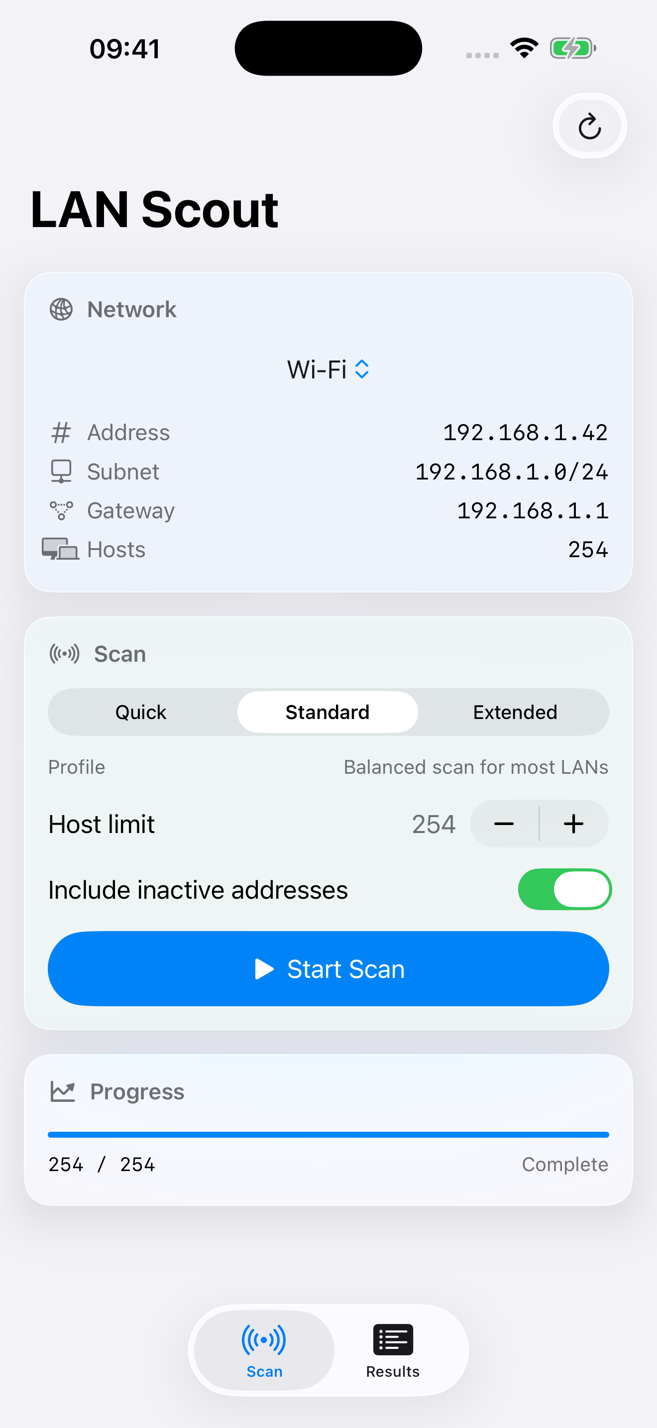 LAN Scout scan setup screen